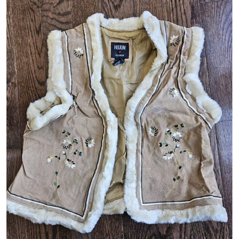 Vtg Y2K Helium Outerwear Leather Vest, Embroidered Flowers Faux Fur Lined Size L